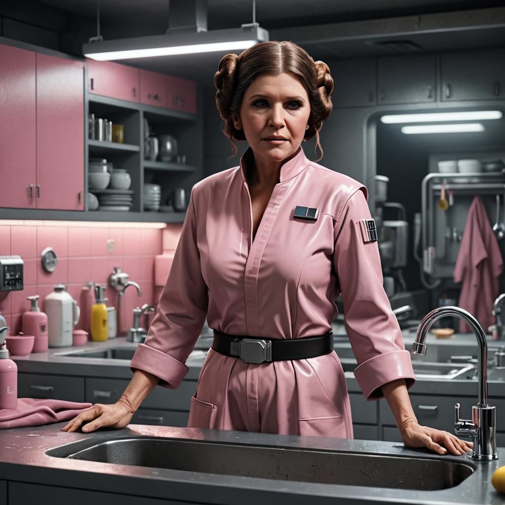 Epic Sci-Fi Portrait of Carrie Fisher in Hypermodern Kitchen
