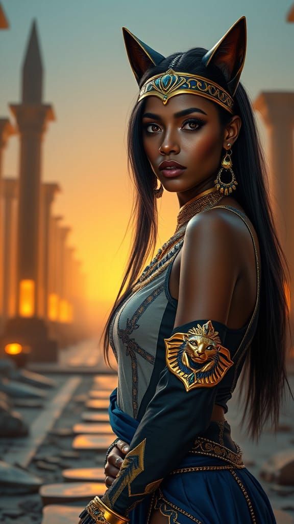 Surreal Cyberpunk Goddess in Futuristic Egyptian Linen Garb