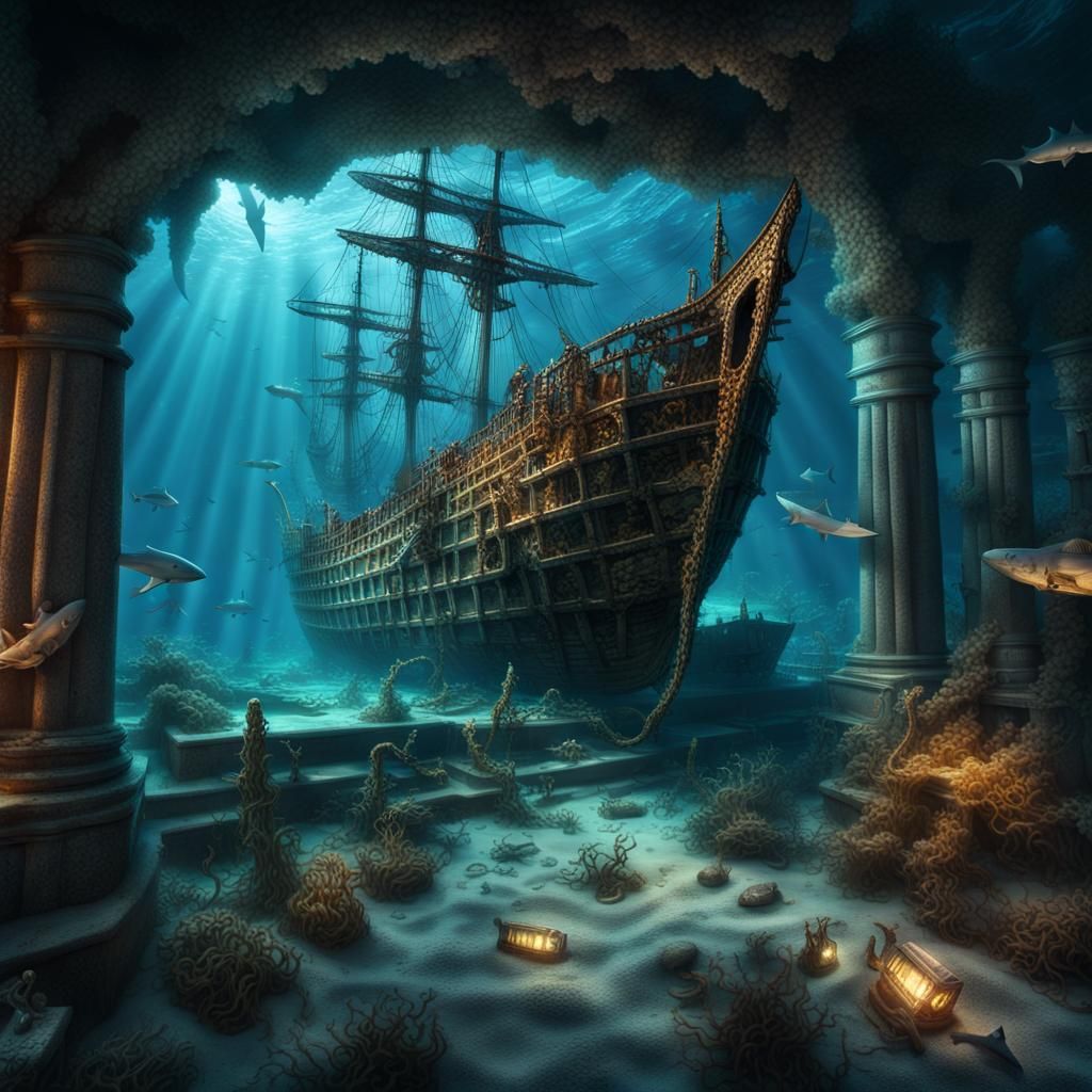 Underwater Shipwreck Mosaic in Hyperrealistic Digital Painti...