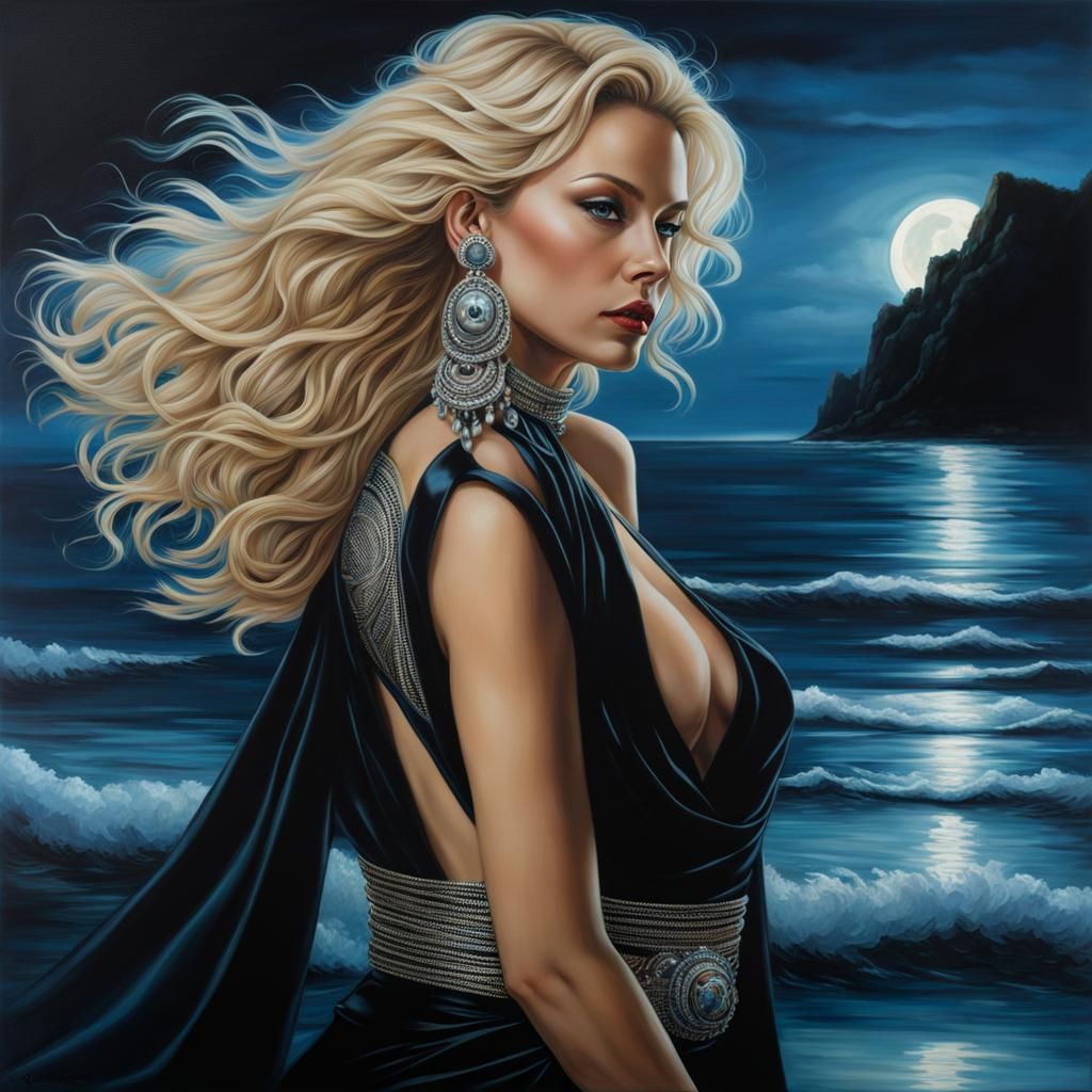 Hyperrealistic Woman Dancing in Moonlight by Ocean