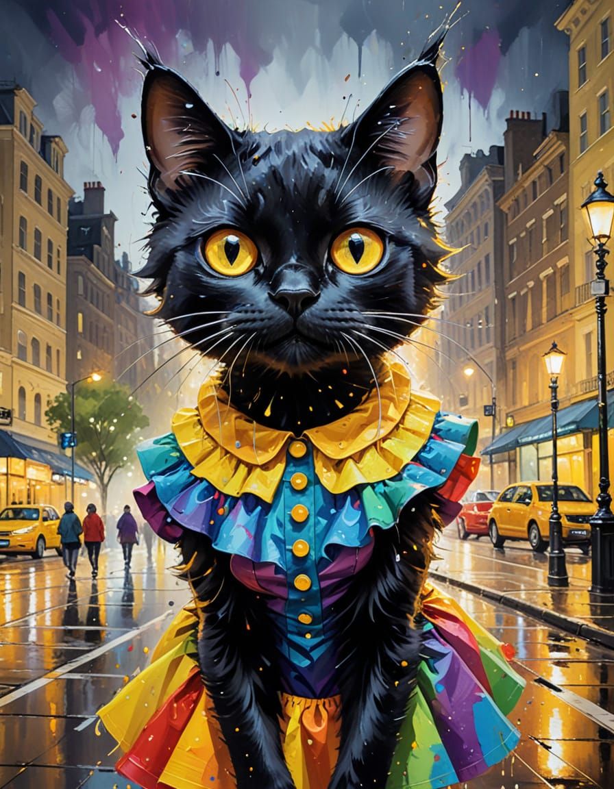 Vivid Black Cat in Rainbow Dress Amidst Night City