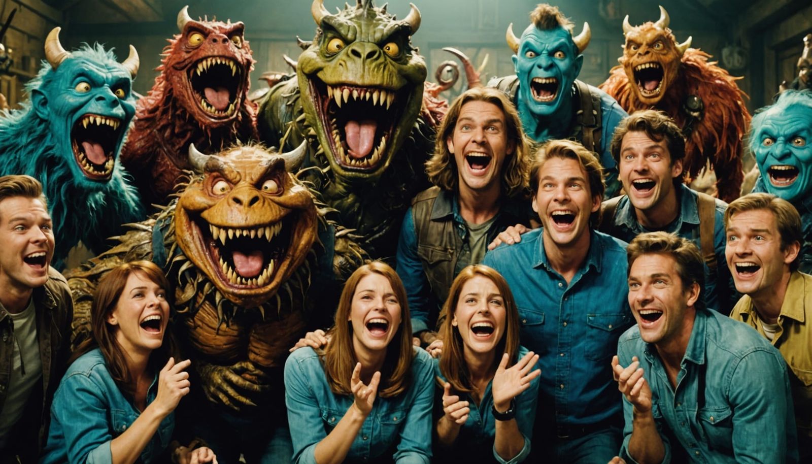 Laughing People Surrounded by Scary Monsters