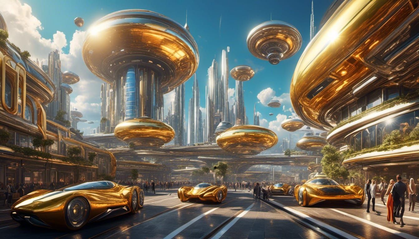 Shiny Space Buildings with Hovercrafts in Chrome and Gold