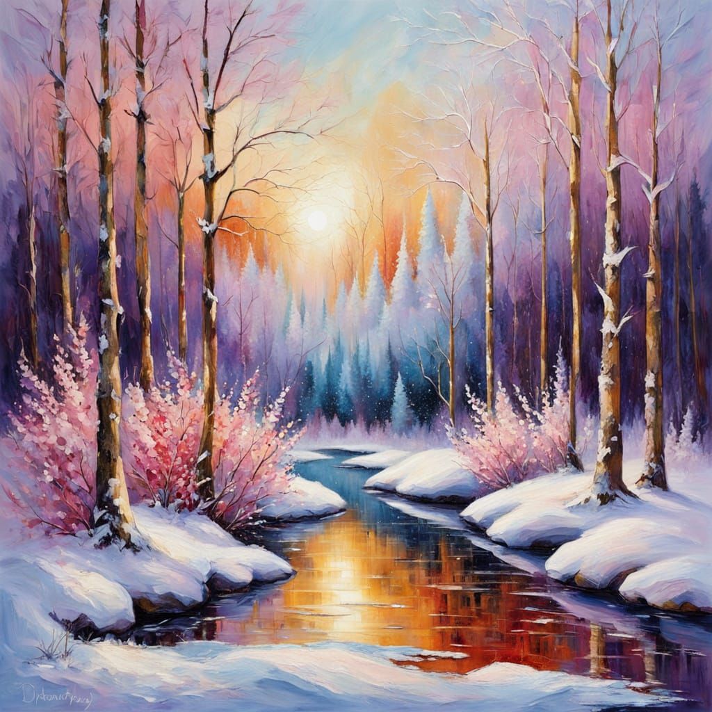 Winter Forest Fairytale in Neo-Impressionist Style