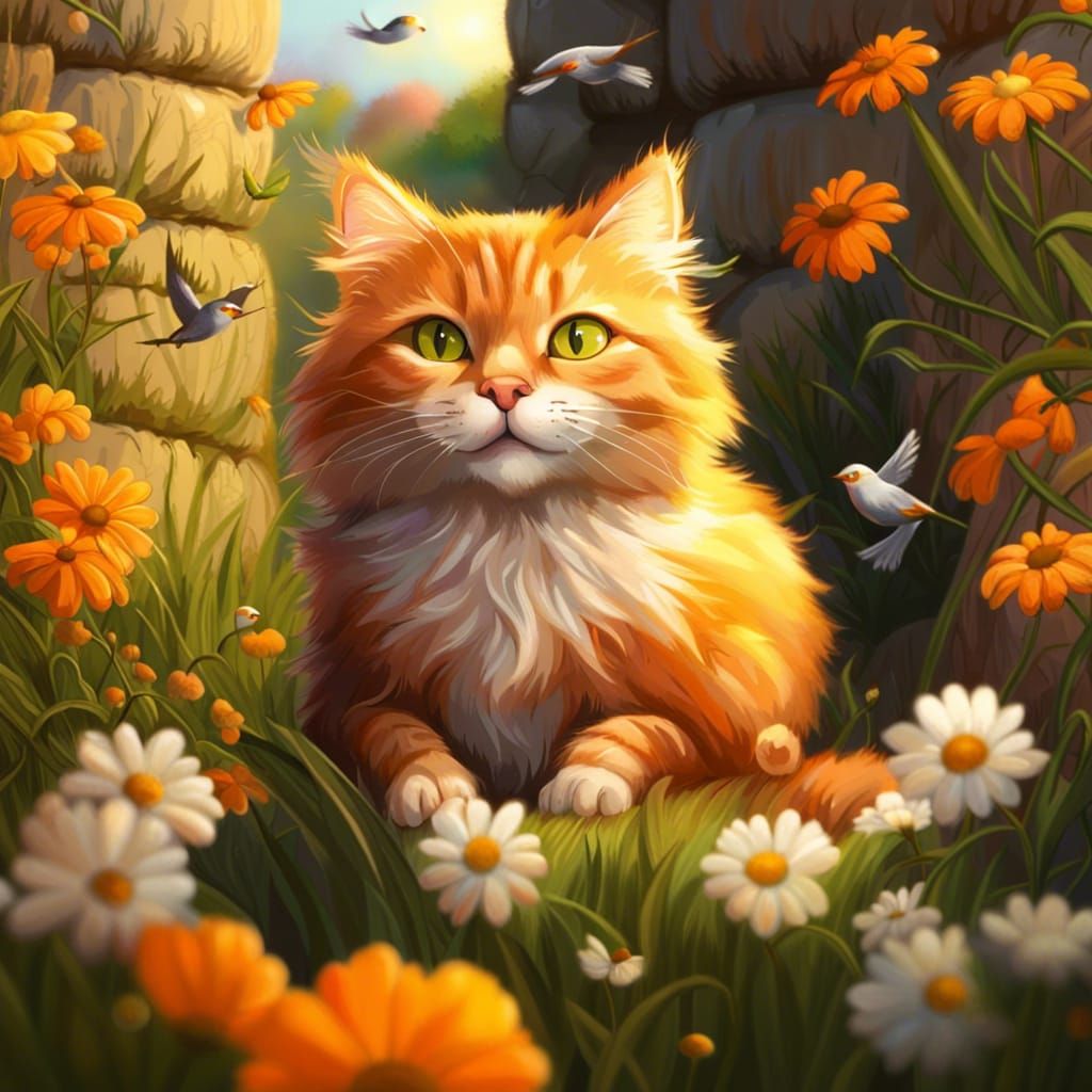 Fluffy Orange Cat in Lush Grassland: Hyperrealistic Art