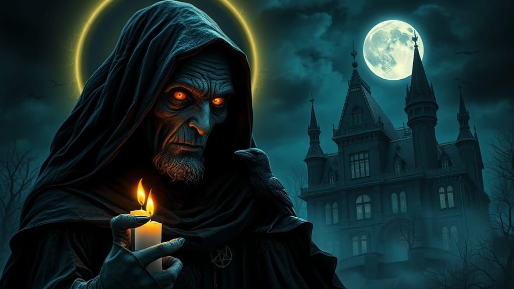 Macabre Witch and Raven in Gothic Night Scene