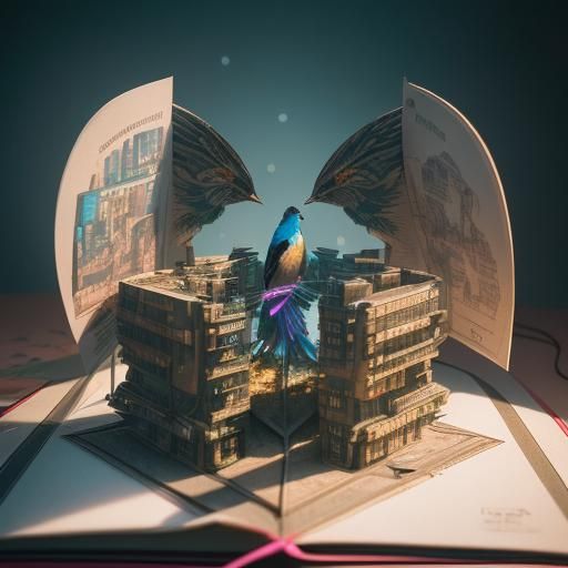 A beautiful bird coming out of the most beautiful pop up book, very realistic and incredible perspective Professional ph...