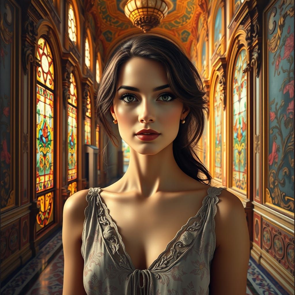 Elegant Woman in Grand Baroque Hallway