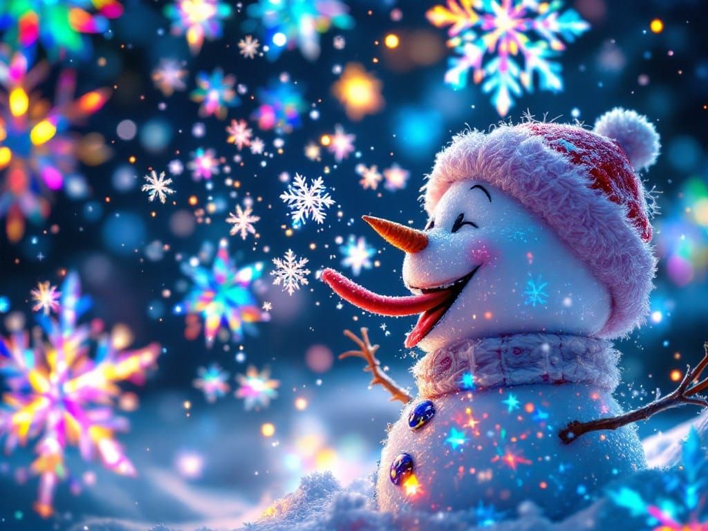 Happy Snowman Catches Sparkling Snowflake: Digital Art