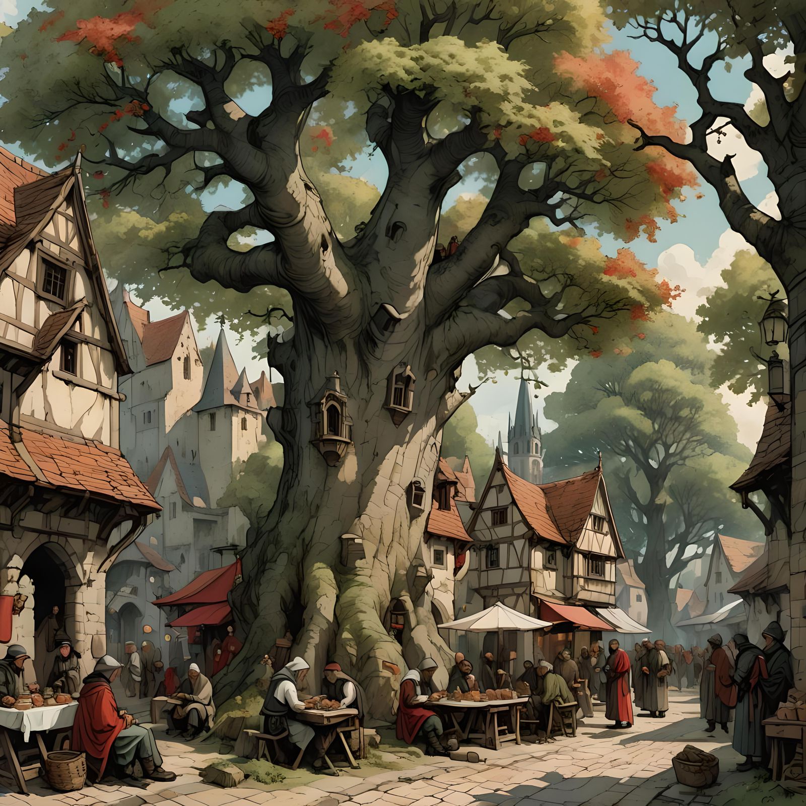 Medieval Village Marketplace in Ink and Watercolor