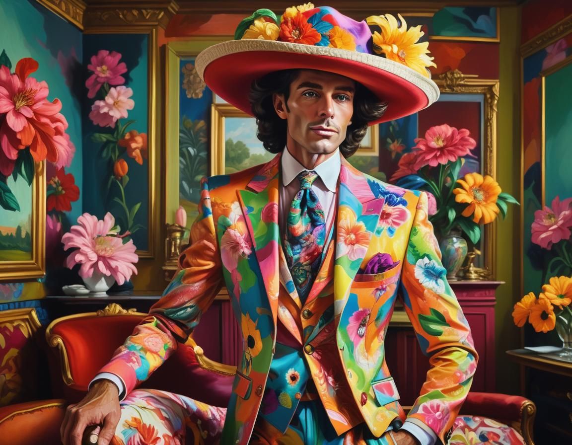 Flamboyant Man in Ornate Interior as Pop Art Oil Painting