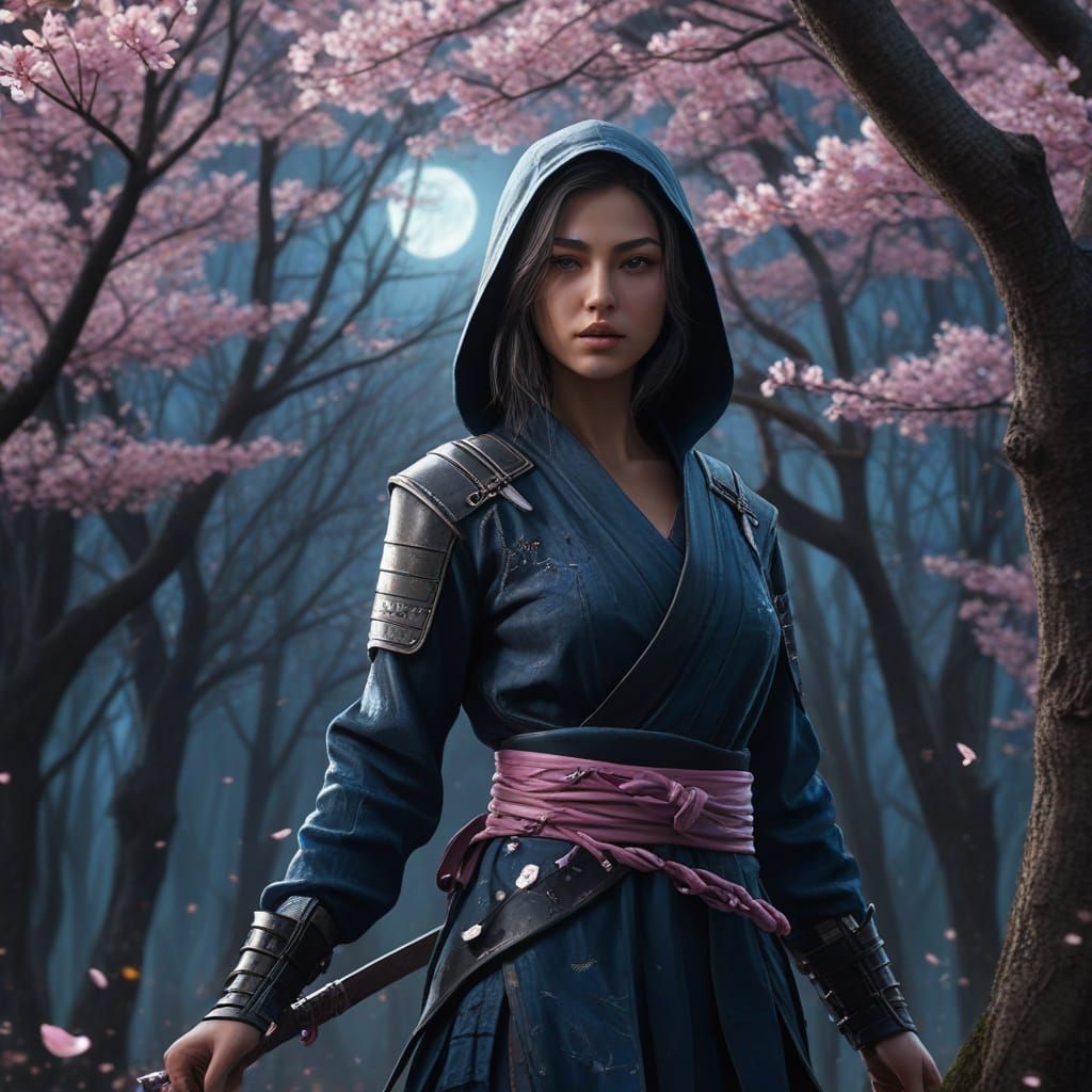 Mystical Ninja Amidst Cherry Blossoms in Moonlit Forest