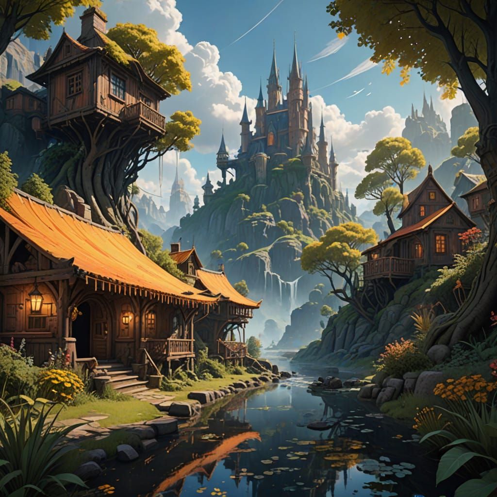 Ethereal Watercolor Fantasy Realm with Soft Golden Light