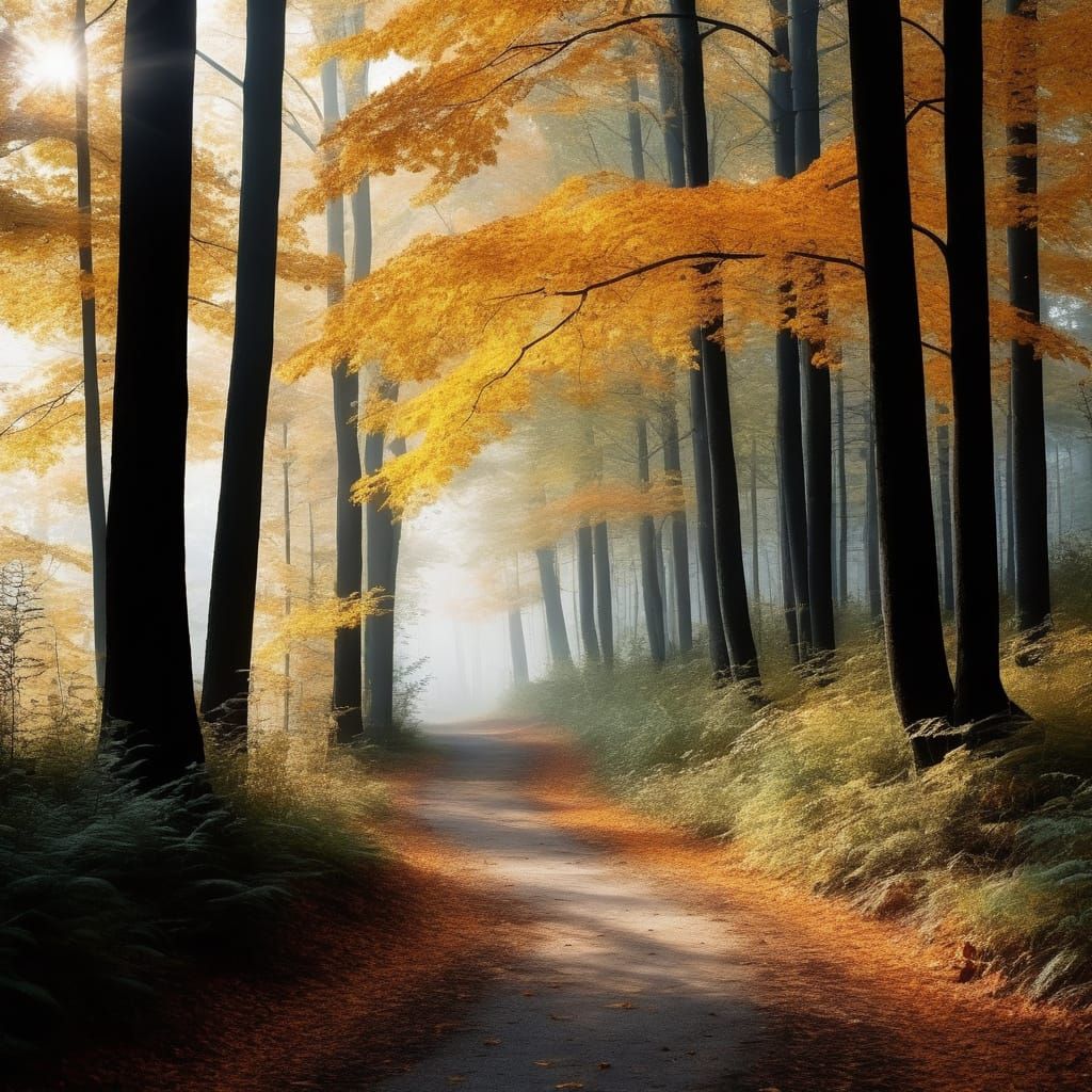 Early autumn forest path with rustling amber and gold leaves...
