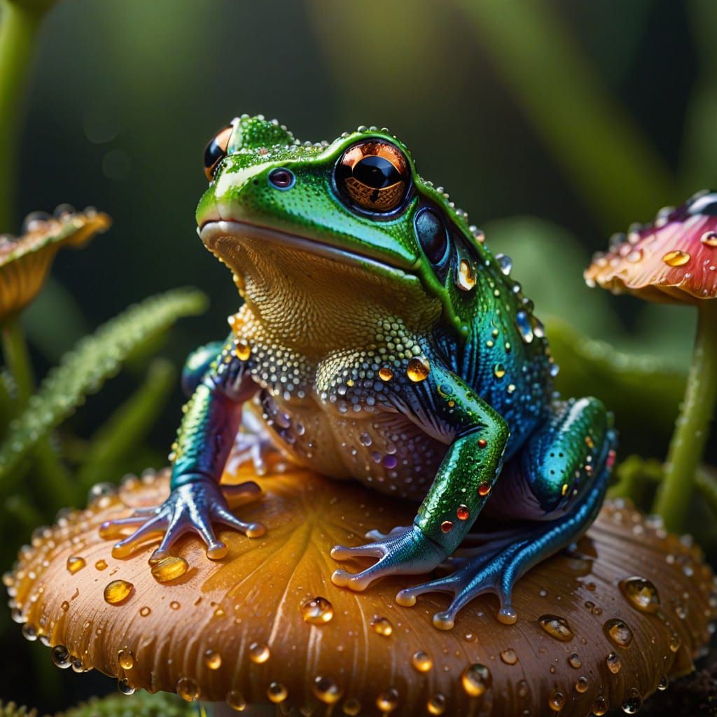 Iridescent Frog on Mushroom: Hyperrealistic Macro Photograph...