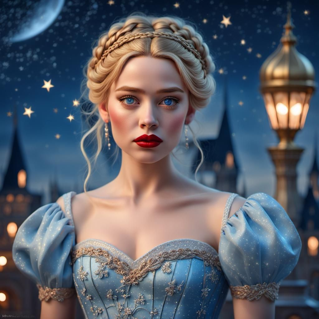 Gorgeous Cinderella in Elegant Dress Under Moonlight