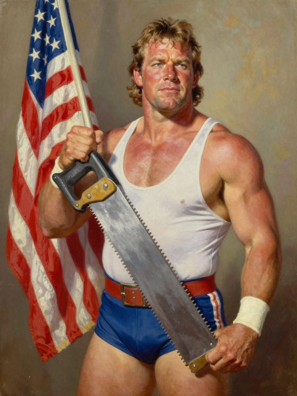 Hacksaw Jim Duggan in Norman Rockwell Americana Style