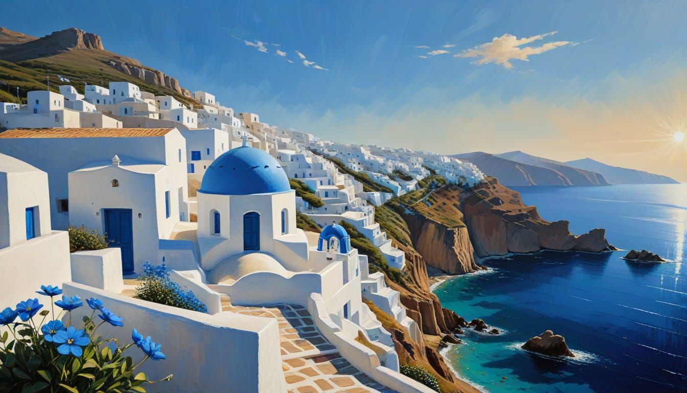 Greek Island Village in Oil Painting Style