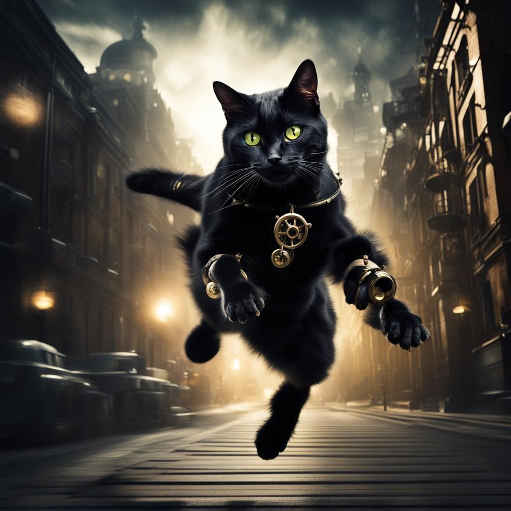 Steampunk Black Cat Jumps in Dark City