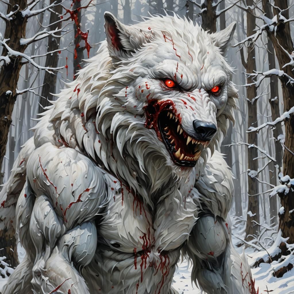 Icy Forest White Werewolf in Oil Painting Style