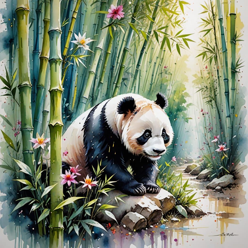 Panda in Vibrant Watercolor Forest