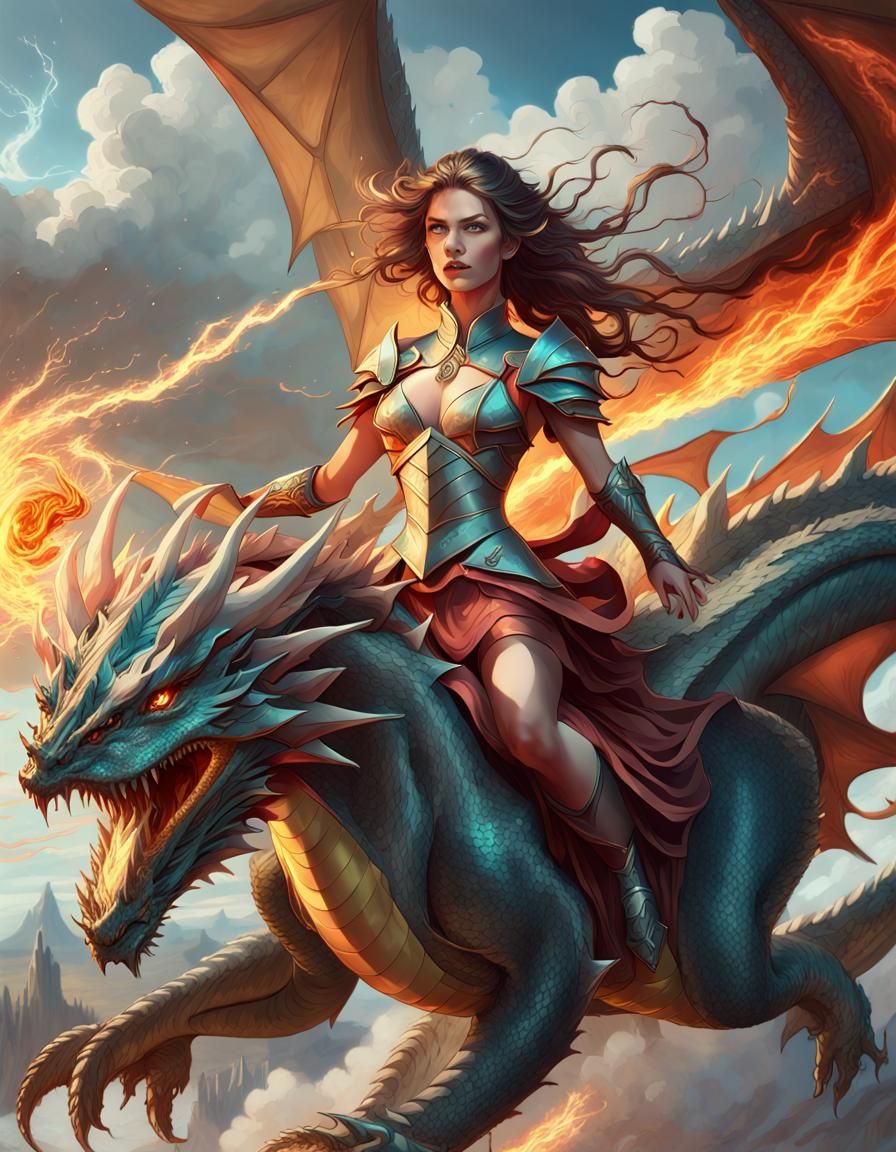 Dragon Rider in Epic Aerial Battle, Hyperdetailed Art