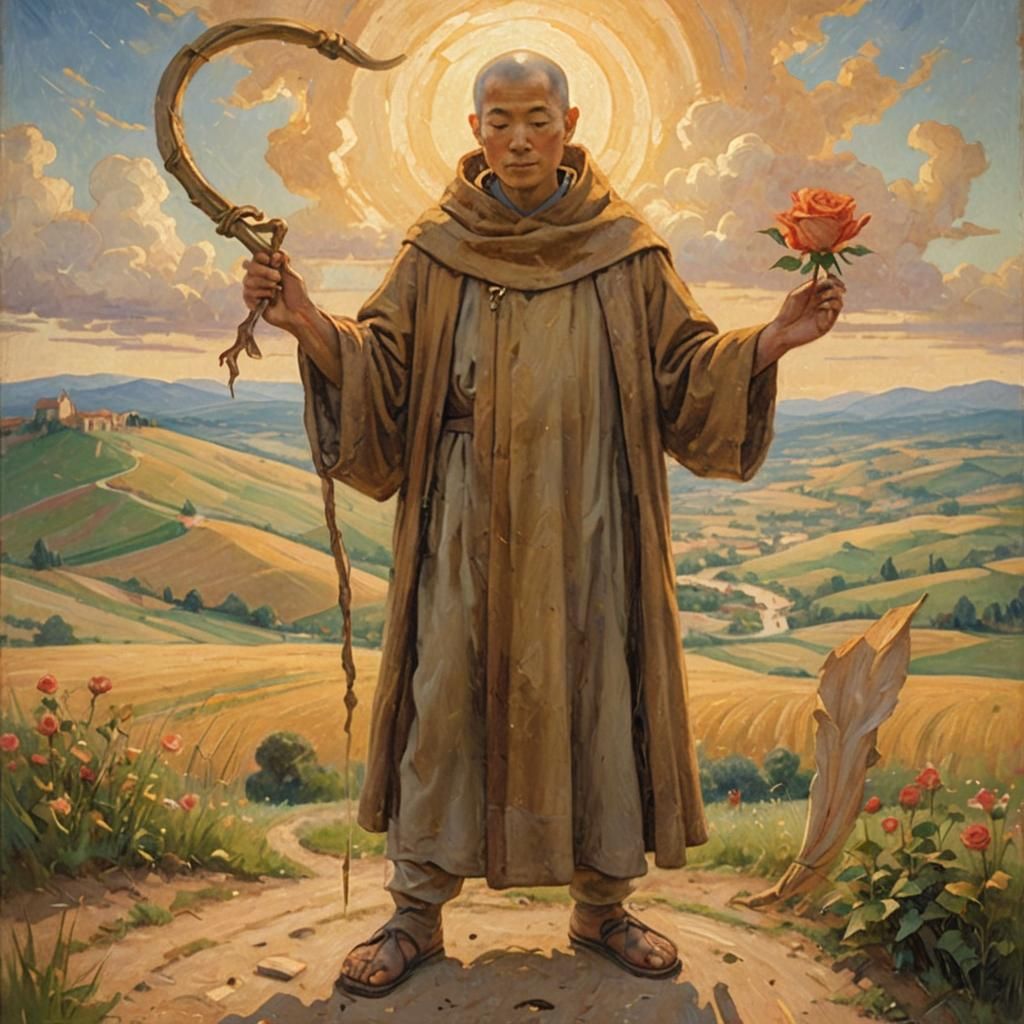 Monk with Rose and Sickle in Soft Light