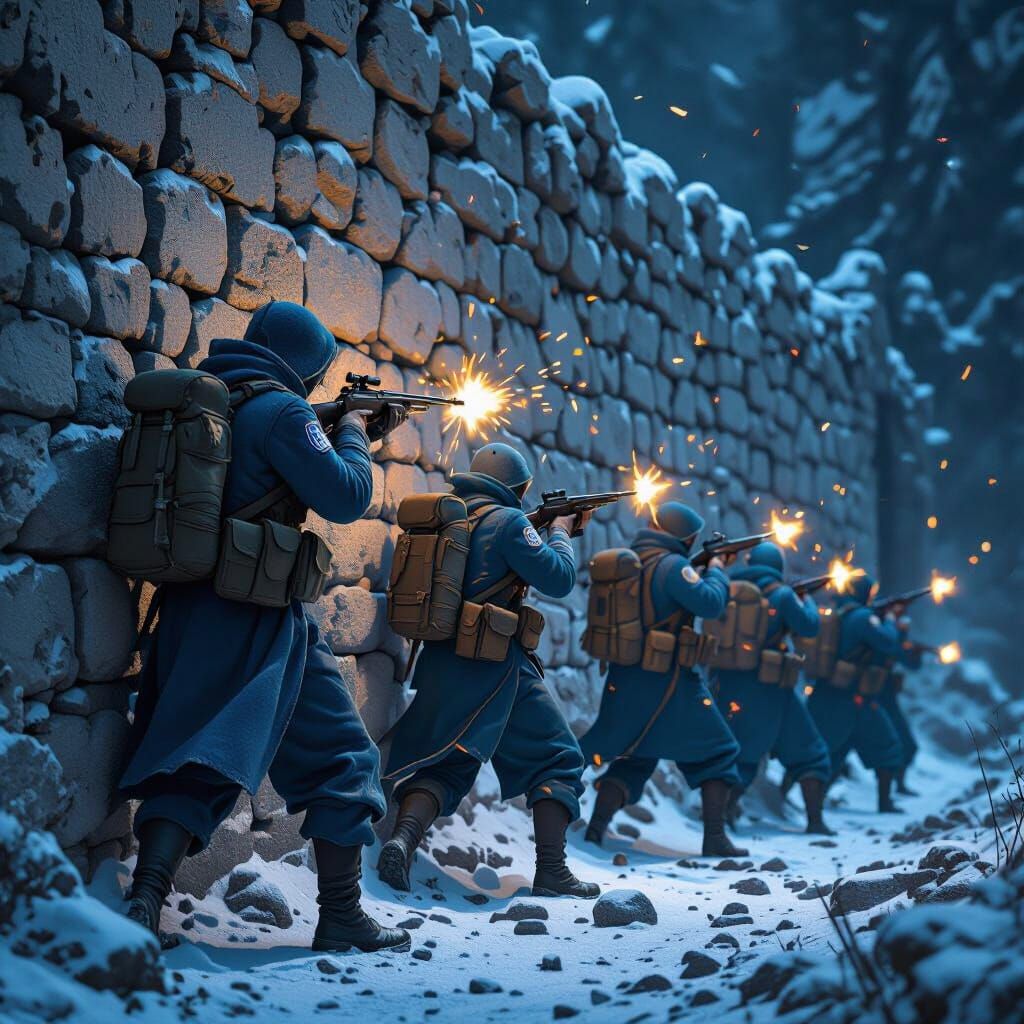 Fantasy Soldiers Defend Crumbling Wall in Deep Night