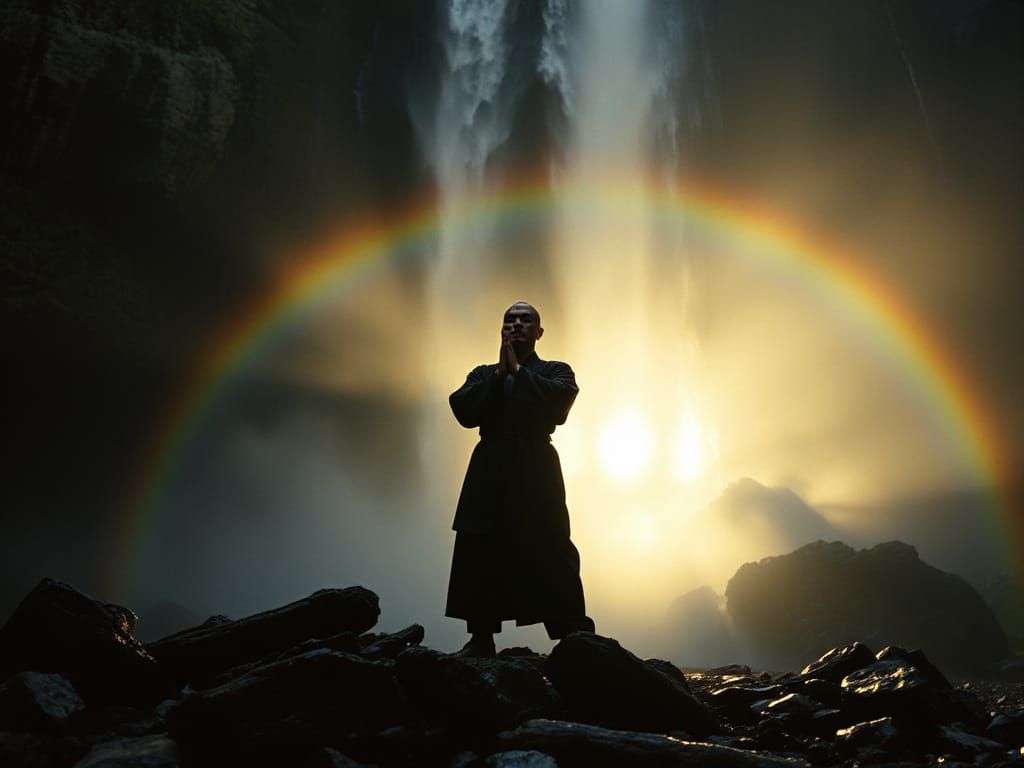 Martial Arts Master Meditating Under Rainbow Waterfall