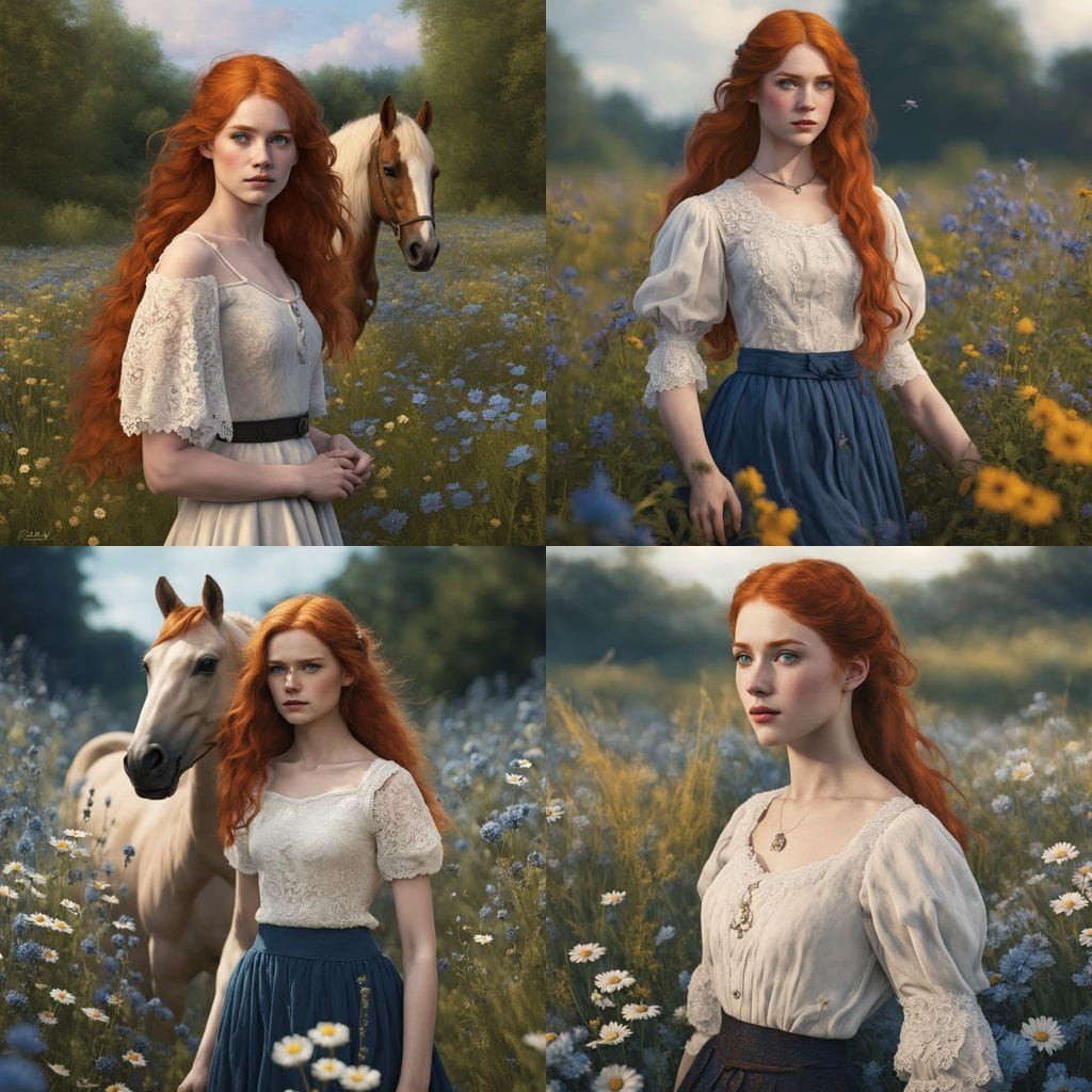 Redhead in Meadow with Horse
