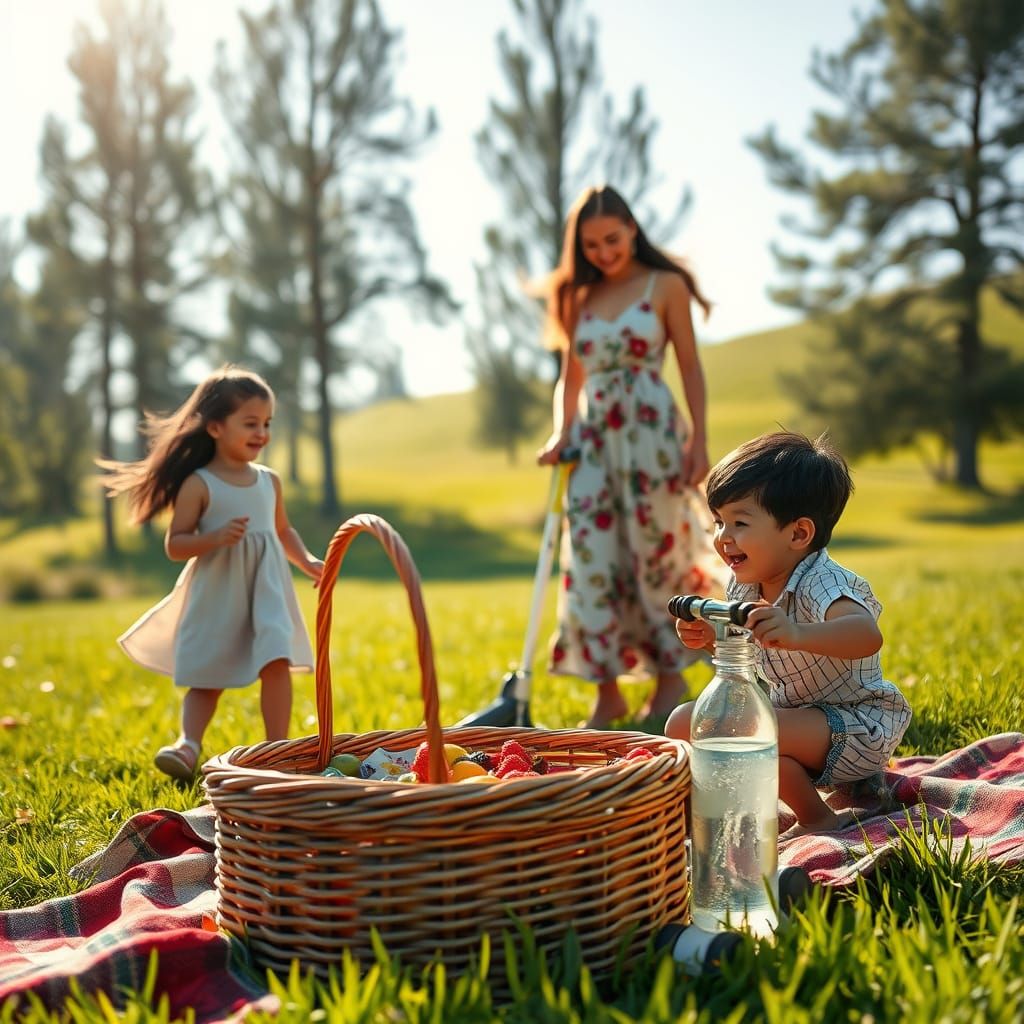 Golden Afternoon: Family Picnic in a Sunny Meadow
