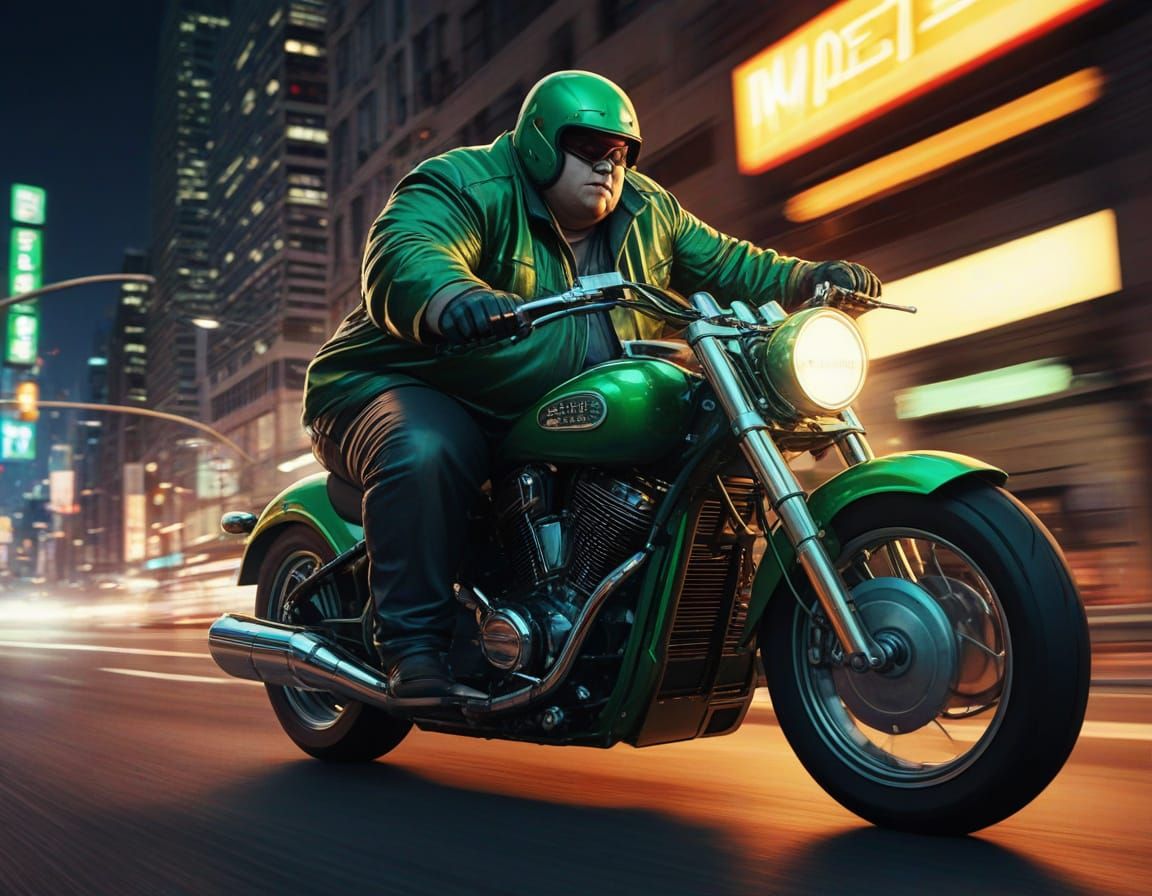 Obese Man on Green Motorcycle in Comic Book Style