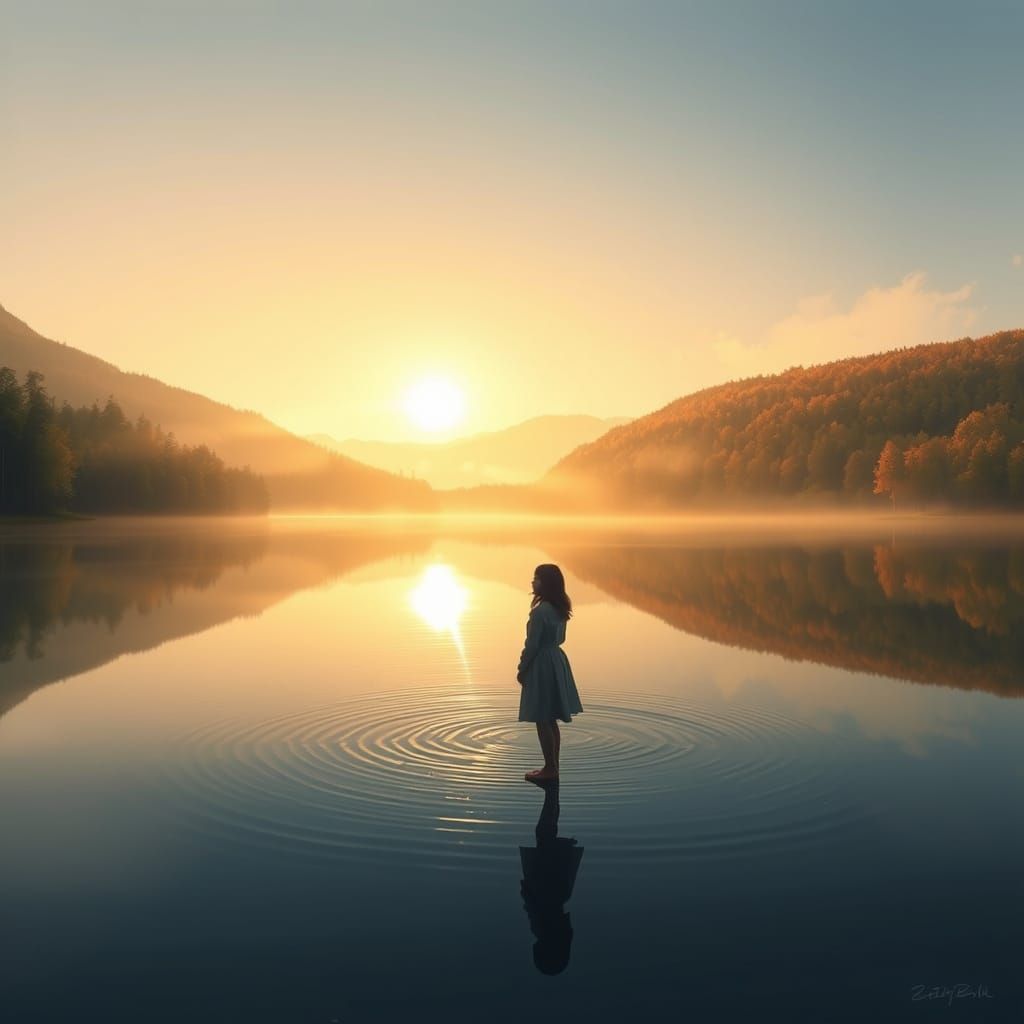 Woman by Serene Lake at Sunset in Autumn Forest