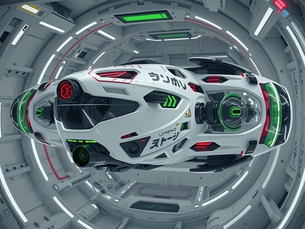Futuristic Hover Vehicle in Airlock with Japanese Logos