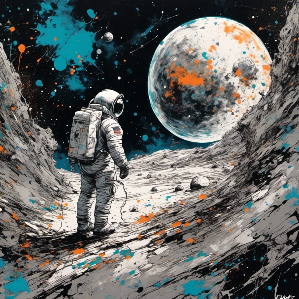 <lora:Splatter Graffiti:1.0> Mirror girl: astronaut on the moon: reflection: deep space