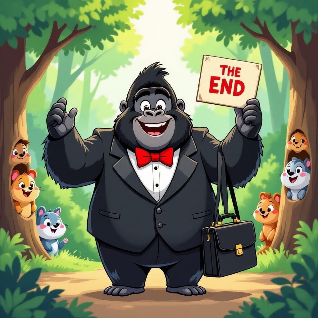 Happy Gorilla Holds 'The End' Sign in Cartoon Forest