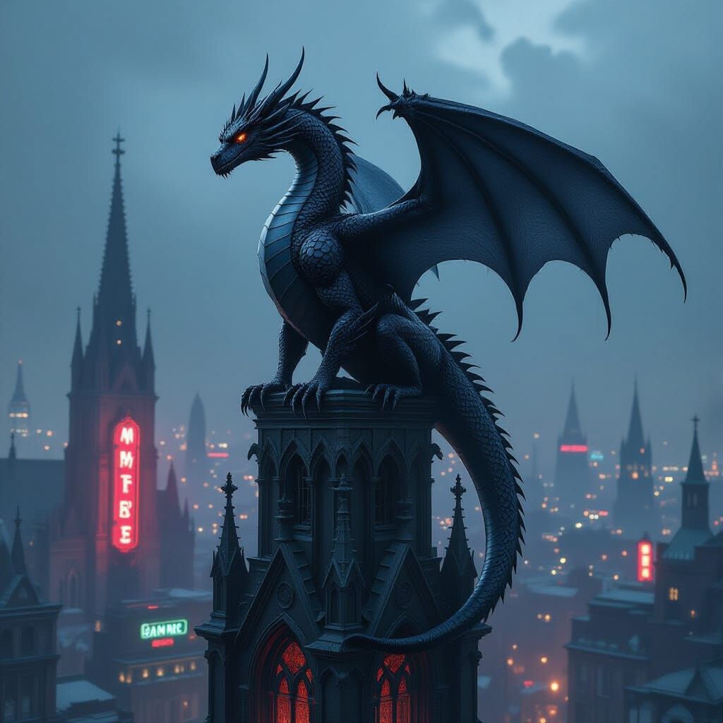 Dark Fantasy Dragon Over Neon City