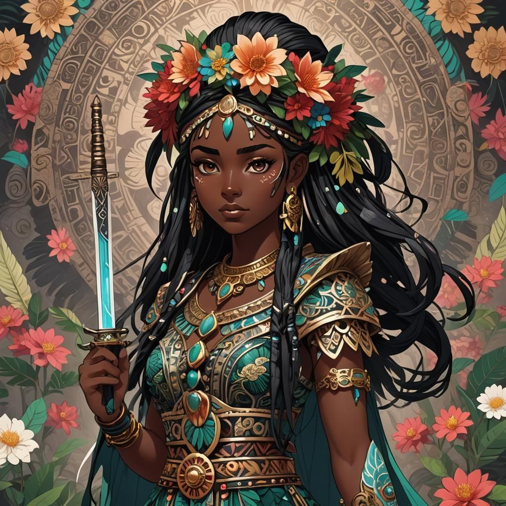 Anime Girl with Obsidian Sword in Mayan Style