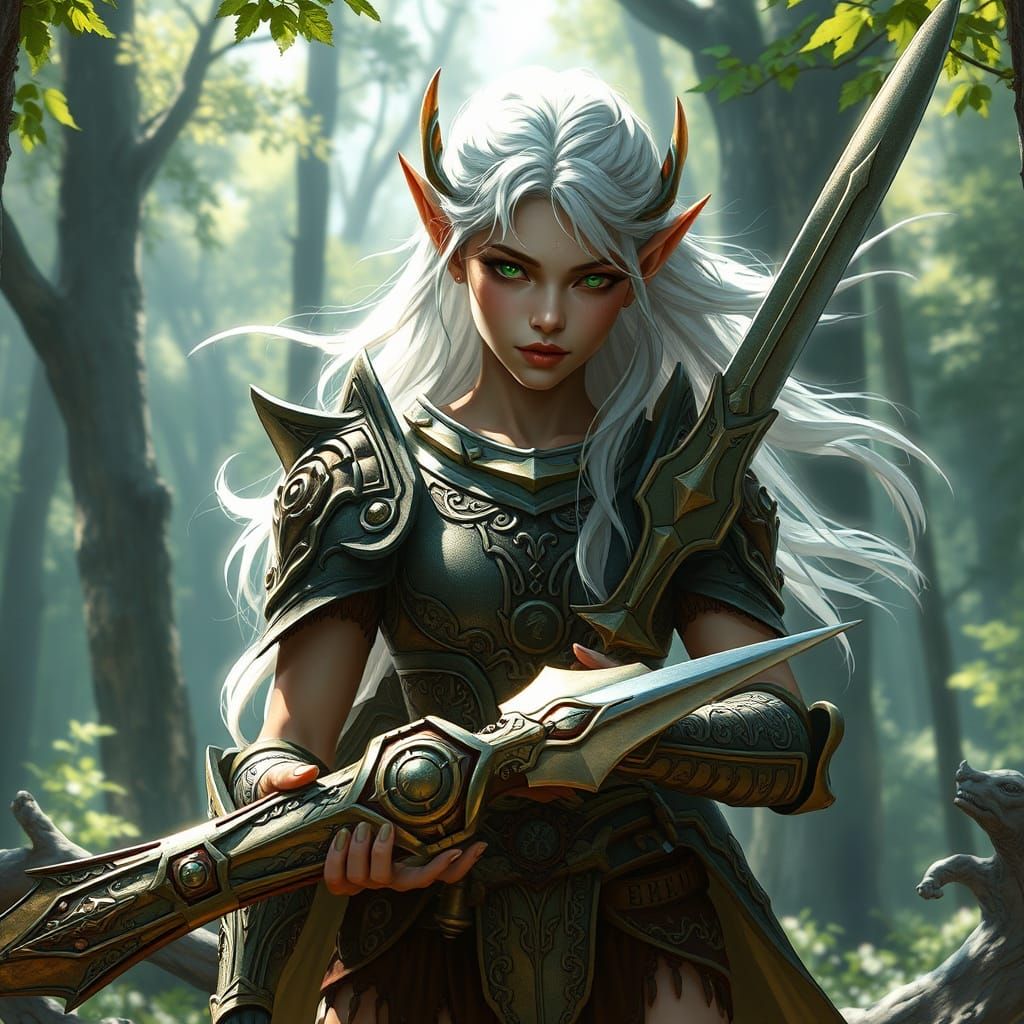 Elven Warrior in Sunlit Forest