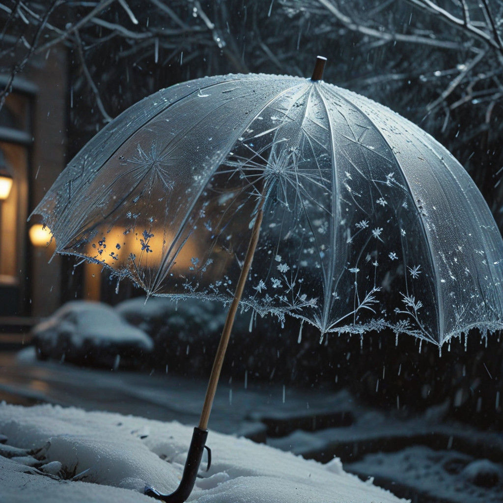 Moody Winter Film Still with Frozen Umbrellas in Flight
