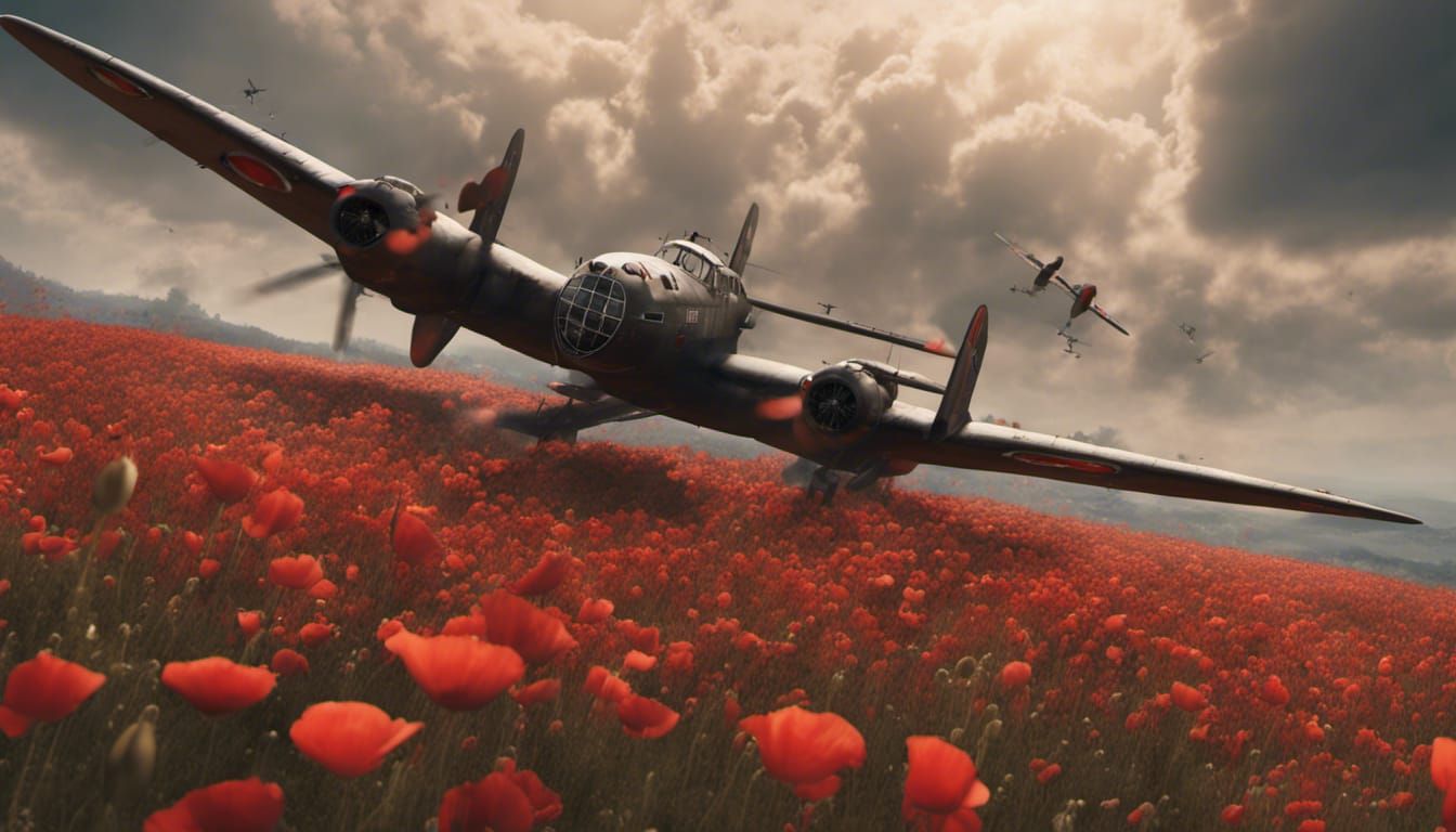 Lancaster Bomber Over Poppy Field: Detailed Matte Painting