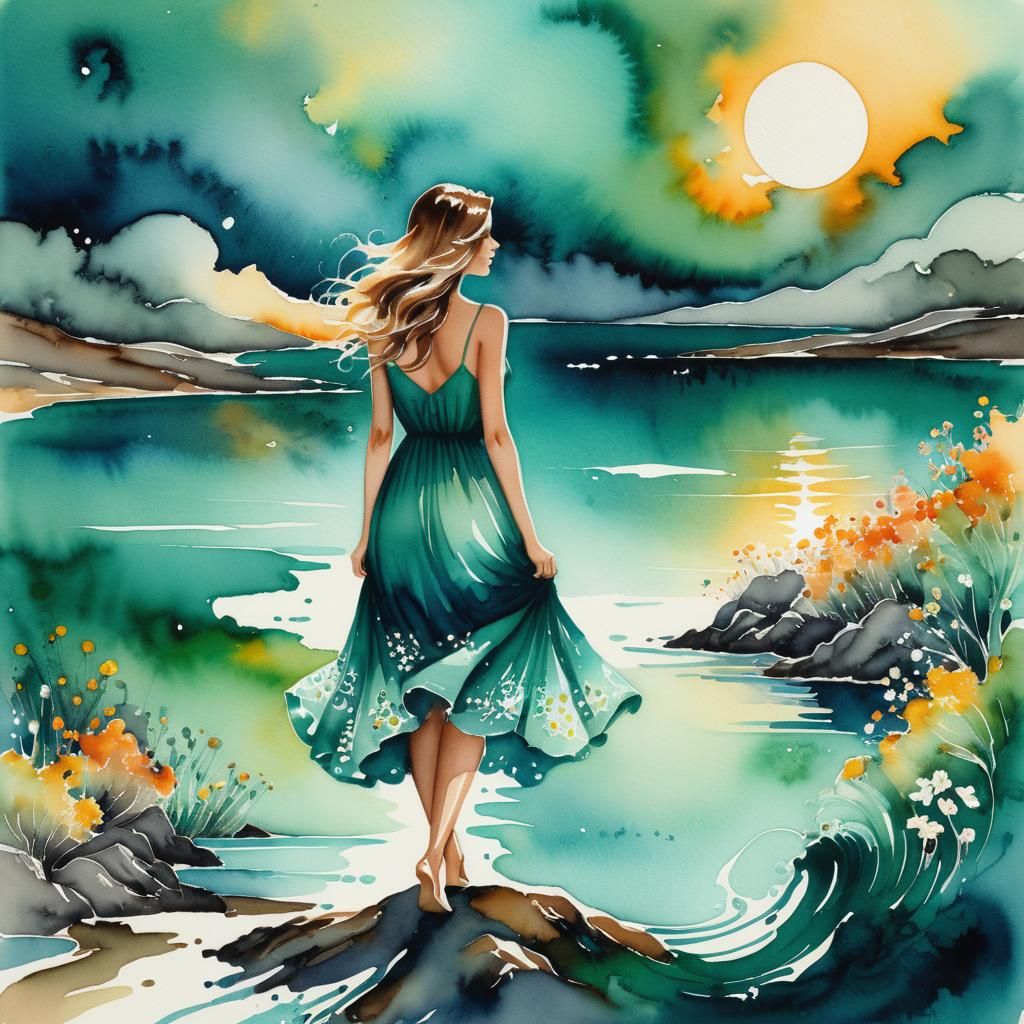 Woman Watching Sunset: Watercolor and Ink Illustration
