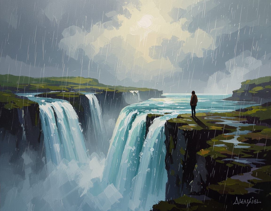 Epic Oil Painting of Waterfall Edge with Rain and Mist