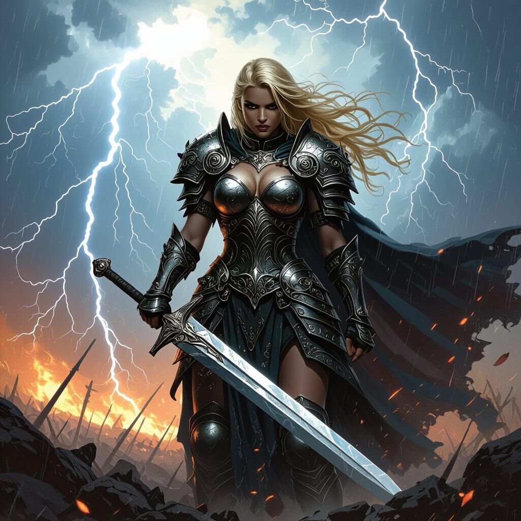 Armored Valkyrie in Stormy Battlefield, Dramatic Art