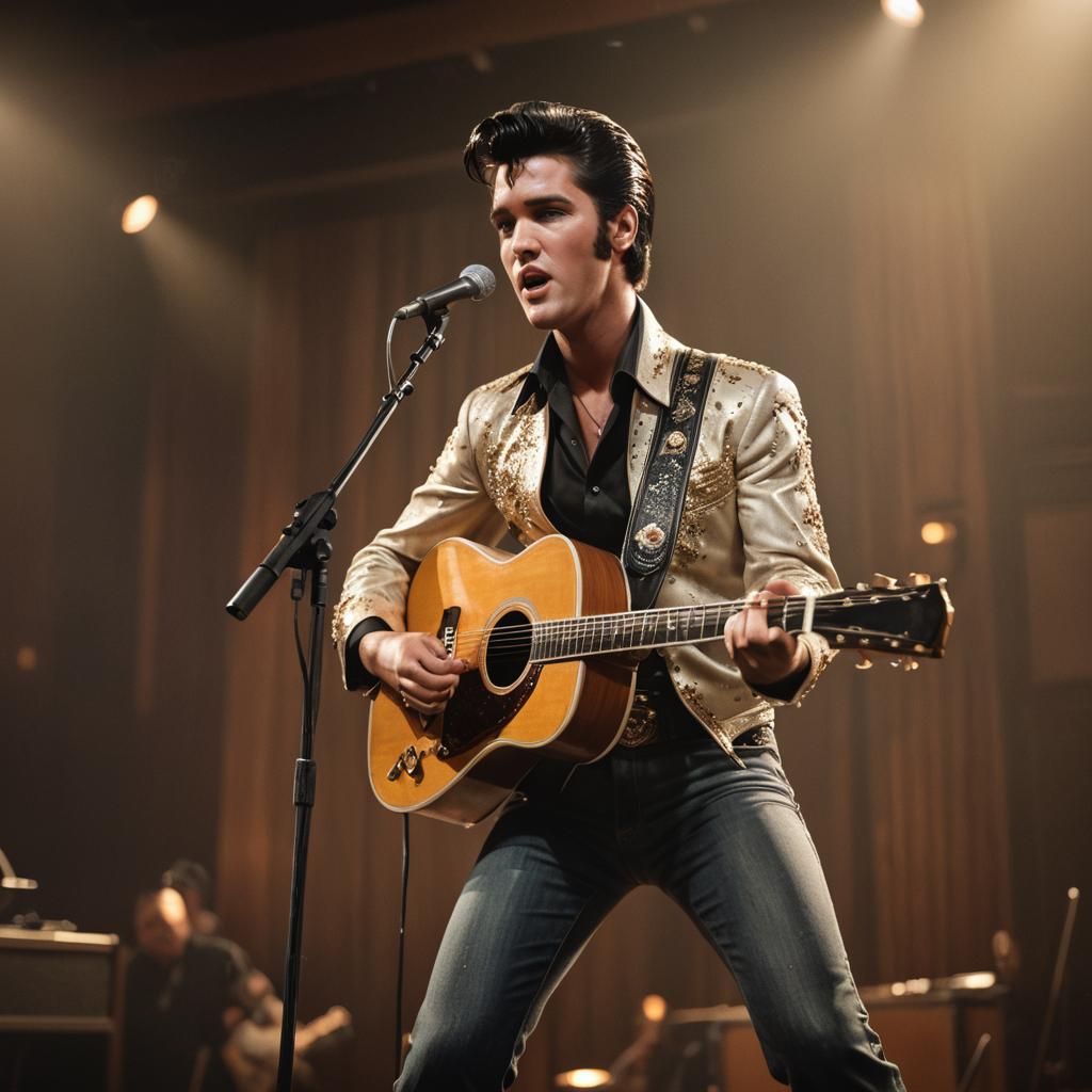 Elvis Presley Plays Guitar: Hyperrealistic Photograph