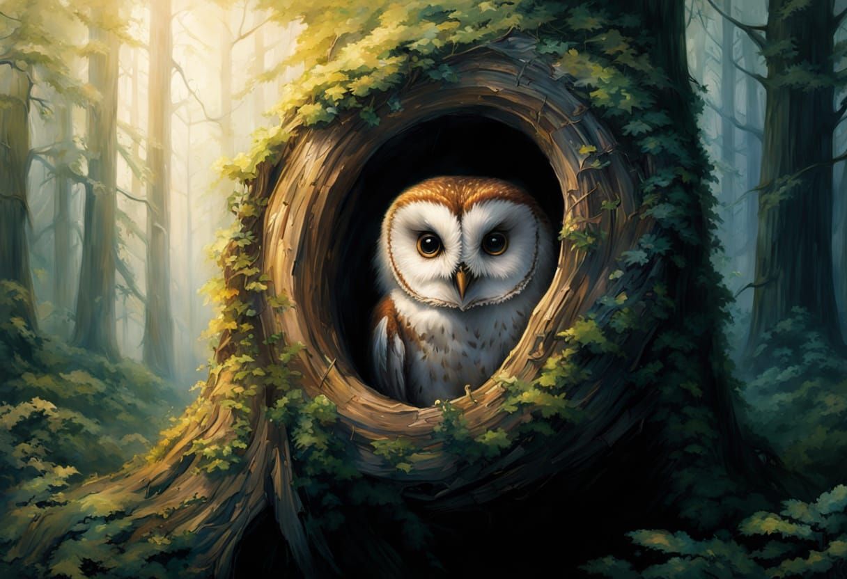 Hyperrealistic Barn Owl in Impressionist Forest Scene