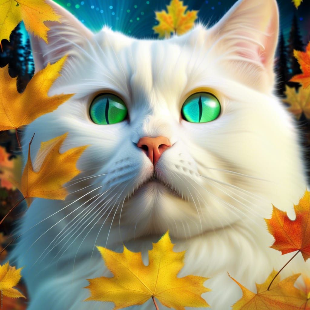 Blue-Eyed Cat in Autumn Aurora Landscape