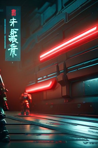Cyberpunk Samurai Space Marine in Neon Cityscape