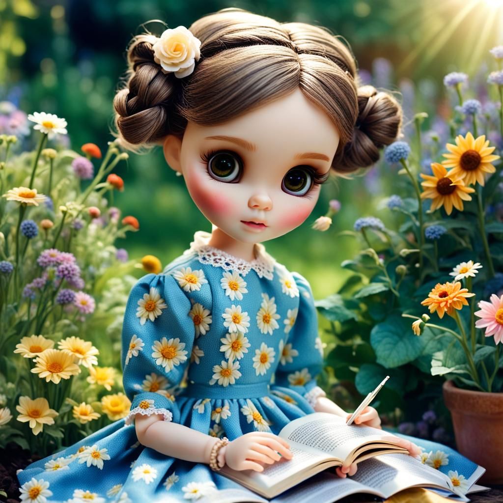 Blythe Doll Reading in Sunny Flower Garden