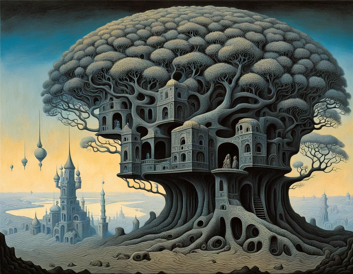 Surreal Architectural Tree in Dreamlike Landscape